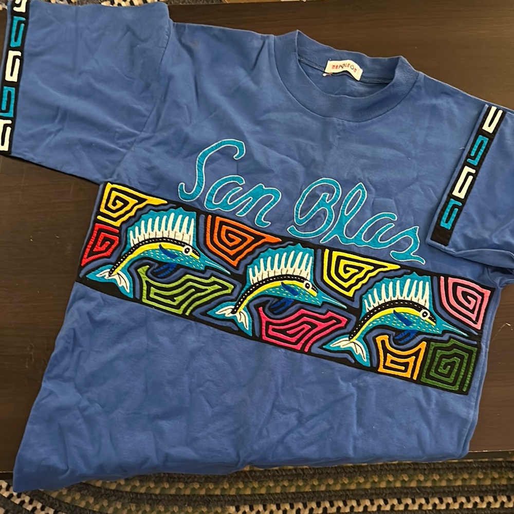 Vintage San Blas Blue Graphic TShirt One of a Kind Hand Sewn Pattern ~Mens sz L